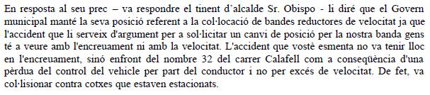 Resposta negativa de l'Equip de Govern de l'Ajuntament de Gavà a la proposta de C's de Gavà d'installar bandes rugoses a l'encreuament del carrers Sitges, Calafell i Passeig Marítim de Gavà Mar (30 d'Abril de 2009)